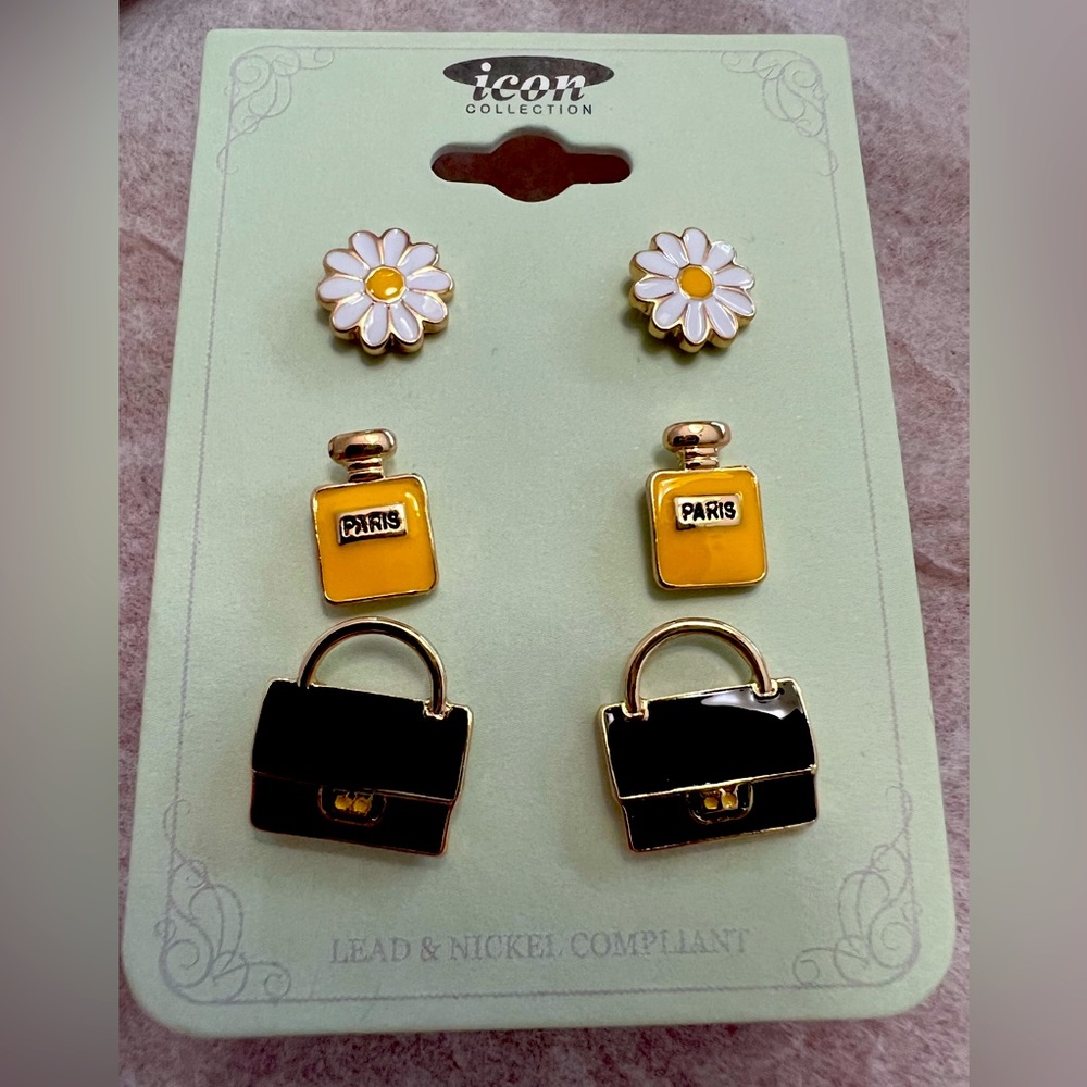 NWT Set/3 post earrings. Icon collection purse, perfume bottle & flowers.
